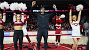 Mar 8, 2025; Fayetteville, Arkansas, USA; Arkansas Razorbacks commit Darius Acuff is introduced during a timeout in the first half against the Mississippi State Bulldogs at Bud Walton Arena.