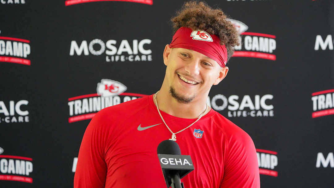 Jul 26, 2024; Kansas City, MO, USA; Kansas City Chiefs quarterback Patrick Mahomes (15) speaks to the media after training camp at Missouri Western State University. Mandatory Credit: Denny Medley-Imagn Images