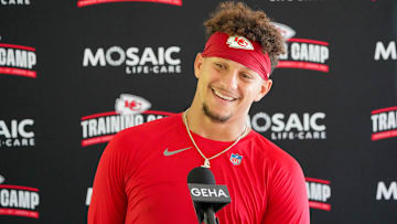 Jul 26, 2024; Kansas City, MO, USA; Kansas City Chiefs quarterback Patrick Mahomes (15) speaks to the media after training camp at Missouri Western State University. Mandatory Credit: Denny Medley-Imagn Images