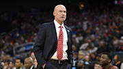 Maryland Terrapins head coach Kevin Willard watches play downcourt during the first half against the Florida Gators during a West Regional semifinal of the 2025 NCAA tournament at Chase Center.
