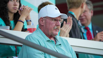 Jun 14, 2025; Kansas City, Missouri, USA; Kansas City Chiefs head coach Andy Reid watches play during the first half of the game between the Kansas City Current and Racing Louisville FC at CPKC Stadium. Mandatory Credit: Denny Medley-Imagn Images