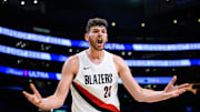 Oct 27, 2025; Los Angeles, California, USA; Portland Trail Blazers center Donovan Clingan (23) reacts during the first half against the Los Angeles Lakers at Crypto.com Arena. Mandatory Credit: William Liang-Imagn Images