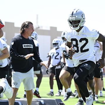 Jun 10, 2025; Henderson, NV, USA; Las Vegas Raiders wide receiver Zakhari Franklin (82) performs a drill during Las Vegas Raiders Minicamp at Intermountain Health Performance Center. Mandatory Credit: Candice Ward-Imagn Images