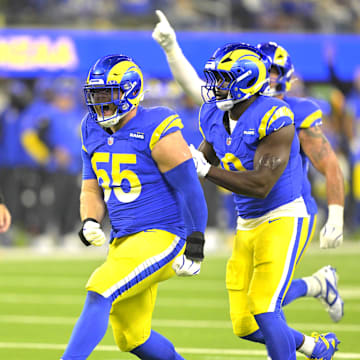 Dec 28, 2024; Inglewood, California, USA;   Los Angeles Rams defensive tackle Braden Fiske (55) celerates after a sack of Arizona Cardinals quarterback Kyler Murray (1) in the first half at SoFi Stadium. Mandatory Credit: Jayne Kamin-Oncea-Imagn Images
