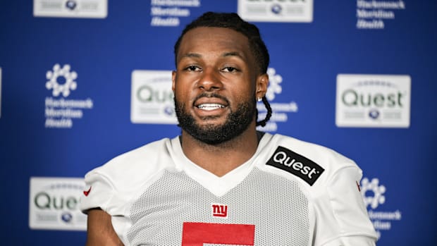 Jun 17, 2025; East Rutherford, NJ, USA; New York Giants linebacker Kayvon Thibodeaux (5) speaks at a press conference during 