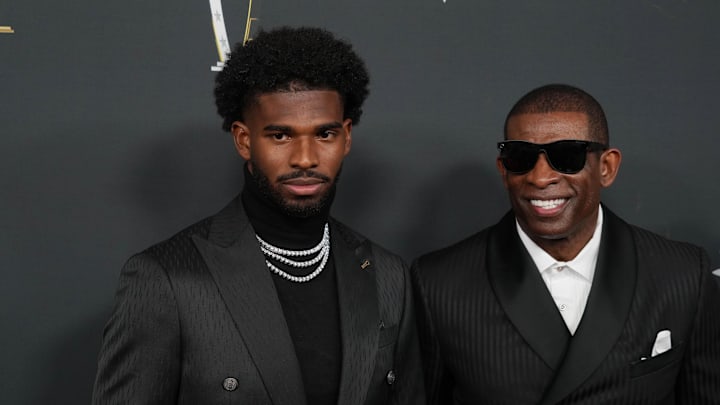Deion Sanders (right) with his son Shedeur Sanders on the red carpet before Super Bowl LIX NFL Honors at Saenger Theatre. Deion Sanders (right) with his son Shedeur Sanders on the red carpet before Super Bowl LIX NFL Honors at Saenger Theatre.