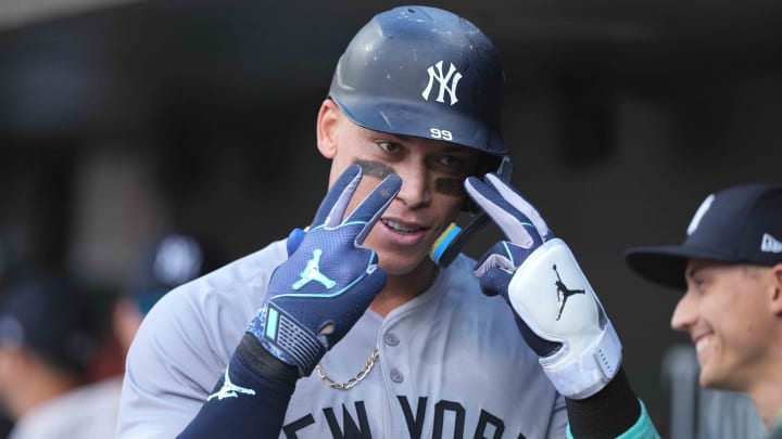 Jul 13, 2024; Baltimore, Maryland, USA; New York Yankees outfielder Aaron Judge (99) gestures following his solo home run in the fifth inning against the Baltimore Orioles at Oriole Park at Camden Yards. 