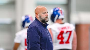 Jun 18, 2025; East Rutherford, NJ, USA; New York Giants head coach Brian Daboll looks on during minicamp at Quest Diagnostics Training Center. Mandatory Credit: John Jones-Imagn Images