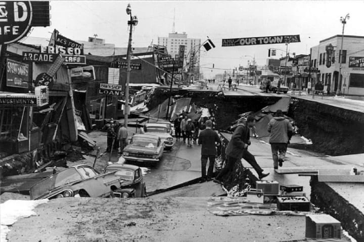 Damage to downtown Anchorage, Alaska, after the 1964 Good Friday earthquake.