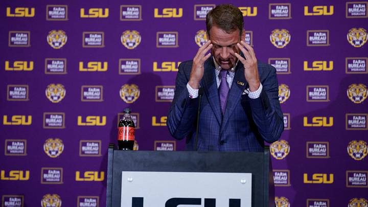 Dec 1, 2025; Baton Rouge, LA, USA; LSU new head coach Lane Kiffin speaks at South Stadium Club at Tiger Stadium. Mandatory Credit: Matthew Hinton-Imagn Images