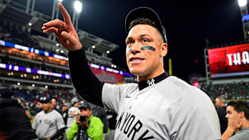 Oct 19, 2024; Cleveland, Ohio, USA; New York Yankees outfielder Aaron Judge (99) celebrates after beating the Cleveland Guardians during game five of the ALCS for the 2024 MLB playoffs at Progressive Field. Mandatory Credit: David Dermer-Imagn Images