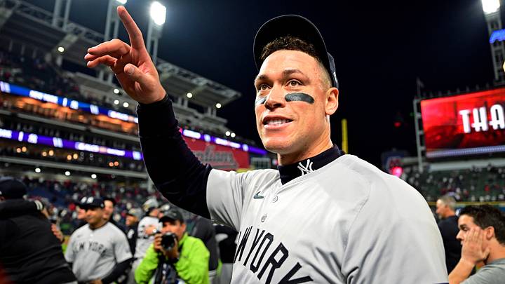 Oct 19, 2024; Cleveland, Ohio, USA; New York Yankees outfielder Aaron Judge (99) celebrates after beating the Cleveland Guardians during game five of the ALCS for the 2024 MLB playoffs at Progressive Field. Mandatory Credit: David Dermer-Imagn Images