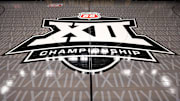 Mar 11, 2025; Kansas City, MO, USA; Big 12 logo center court prior to the game between the Cincinnati Bearcats and the Oklahoma State Cowboys at T-Mobile Center. Mandatory Credit: William Purnell-Imagn Images