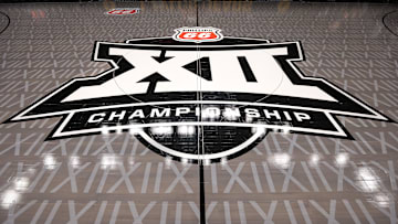 Mar 11, 2025; Kansas City, MO, USA; Big 12 logo center court prior to the game between the Cincinnati Bearcats and the Oklahoma State Cowboys at T-Mobile Center. Mandatory Credit: William Purnell-Imagn Images