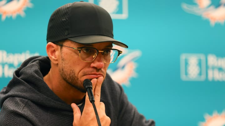 Jun 4, 2024; Miami Gardens, FL, USA; Miami Dolphins head coach Mike McDaniel speaks to reporters at a press conference during mandatory minicamp at Baptist Health Training Complex. Mandatory Credit: Sam Navarro-USA TODAY Sports