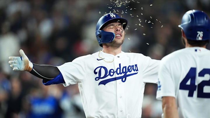 Apr 15, 2026; Los Angeles, California, USA; Los Angeles Dodgers designated hitter Dalton Rushing celebrates after hitting a grand slam home run in the eighth inning against the New York Mets at Dodger Stadium. Mandatory Credit: Kirby Lee-Imagn Images