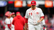 Cincinnati Reds pitcher Ian Gibaut (79) is pulled by manner Terry Francona after giving up a go-ahead three-run home run to San Francisco Giants designated hitter Wilmer Flores (41) in the top of the ninth inning of the MLB Opening Day game between the Cincinnati Reds and the San Francisco Giants at Great American Ball Park in downtown Cincinnati on Thursday, March 27, 2025. The Giants won 6-4.