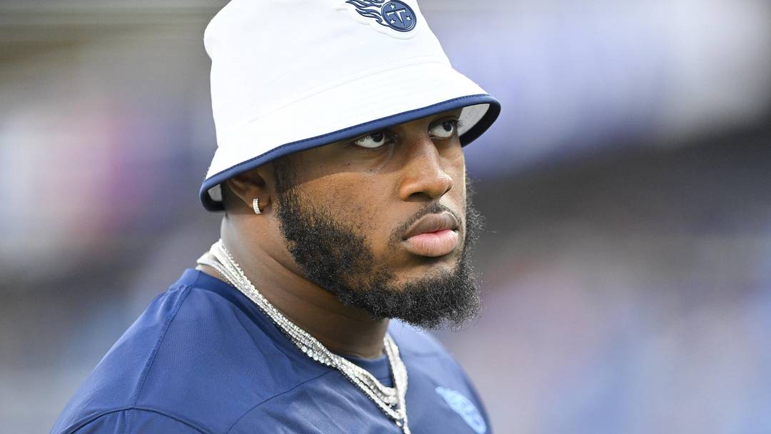 Aug 22, 2025; Nashville, Tennessee, USA; (Editors Notes: Caption Correction)  Tennessee Titans offensive lineman JC Latham against the Minnesota Vikings during pre-game warmups at Nissan Stadium. Mandatory Credit: Steve Roberts-Imagn Images