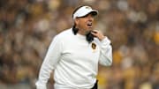 Columbia, Missouri, USA; Missouri Tigers head coach Eli Drinkwitz reacts during the first half against the Texas A&M Aggies at Faurot Field at Memorial Stadium.