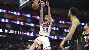 Mar 12, 2025; Houston, Texas, USA; Houston Rockets center Alperen Sengun (28) dunks the ball during the fourth quarter against the Phoenix Suns at Toyota Center. Mandatory Credit: Troy Taormina-Imagn Images