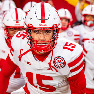 Nebraska quarterback Dylan Raiola (15) and the Cornhuskers are Greg McElroy's pick to win against the Michigan Wolverines on Saturday.