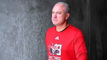 Sep 7, 2024; Pullman, Washington, USA; Texas Tech Red Raiders head coach Joey McGuire walks back to the locker room before a game against the Washington State Cougars at Gesa Field at Martin Stadium. Mandatory Credit: James Snook-Imagn Images