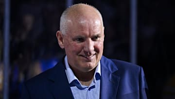 Mar 25, 2024; St. Louis, Missouri, USA;  St. Louis Blues general manager Doug Armstrong looks on before a game against the Vegas Golden Knights at Enterprise Center. Mandatory Credit: Jeff Curry-Imagn Images