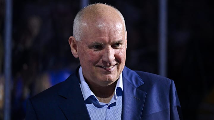 Mar 25, 2024; St. Louis, Missouri, USA;  St. Louis Blues general manager Doug Armstrong looks on before a game against the Vegas Golden Knights at Enterprise Center. Mandatory Credit: Jeff Curry-Imagn Images
