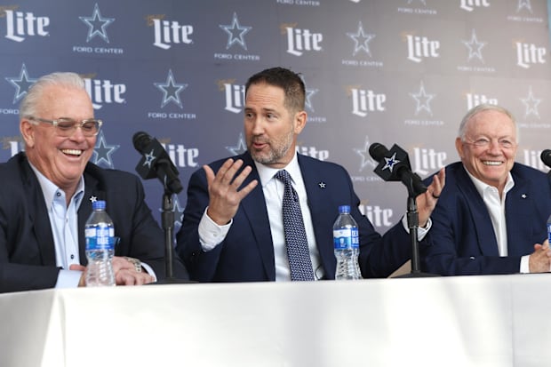 Dallas Cowboys CEO Stephen Jones, head coach Brian Schottenheimer, and owner Jerry Jones speak to the media.