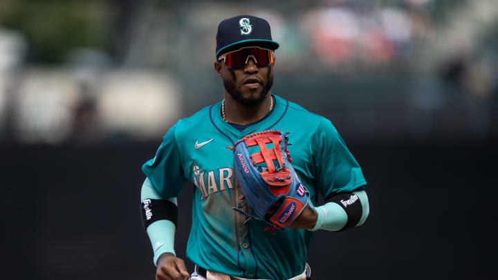 Seattle Mariners centerfielder Victor Robles (10) jogs off the field during a game against the Los Angeles Angels at T-Mobile Park on July 24.