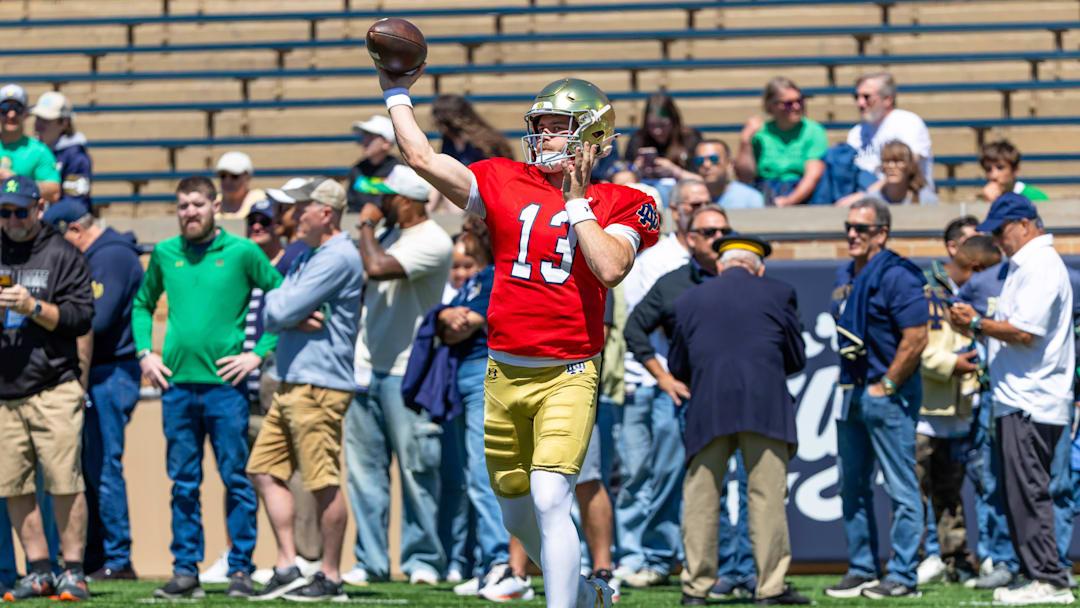 Apr 25, 2026; Notre Dame, IN, USA; Notre Dame Fighting Irish quarterback CJ Carr (13) warms up before the Blue-Gold game at Notre Dame Stadium. Mandatory Credit: Michael Caterina-Imagn Images