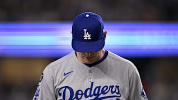 Los Angeles Dodgers relief pitcher Evan Phillips (59) comes off the field during the game between the Texas Rangers and the Los Angeles Dodgers at Globe Life Field. 