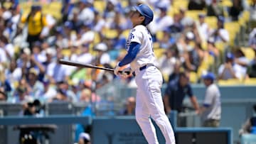 Jul 6, 2025; Los Angeles, California, USA; Los Angeles Dodgers designated hitter Shohei Ohtani (17) reacts to flying out against the Houston Astros during the third inning of the game at Dodger Stadium. Mandatory Credit: Jayne Kamin-Oncea-Imagn Images