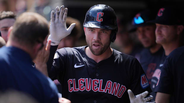 David Fry celebrates after hitting a solo home run 