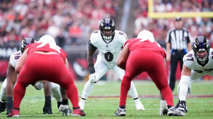 Oct 29, 2023; Glendale, Arizona, USA; Baltimore Ravens linebacker Roquan Smith (0) looks on against the Arizona Cardinals during the second half at State Farm Stadium. Mandatory Credit: Joe Camporeale-USA TODAY Sports