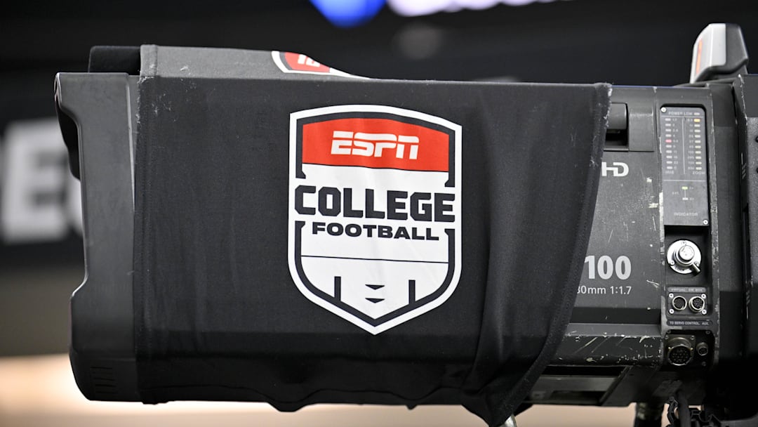 A view of a tv camera and the ESPN college football logo before the game between Texas Tech and BYU at AT&T Stadium.