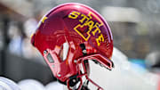 Sep 7, 2024; Iowa City, Iowa, USA; An Iowa State Cyclones helmet sits on the sidelines before the game against the Iowa Hawkeyes at Kinnick Stadium. 