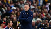 Apr 6, 2025; Denver, Colorado, USA; Denver Nuggets head coach Michael Malone during the third quarter against the Indiana Pacers at Ball Arena. Mandatory Credit: Ron Chenoy-Imagn Images