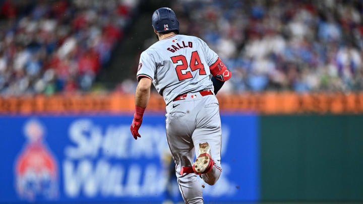 May 17, 2024; Philadelphia, Pennsylvania, USA; Washington Nationals infielder Joey Gallo (24) runs to second after hitting a double against the Philadelphia Phillies in the ninth inning at Citizens Bank Park