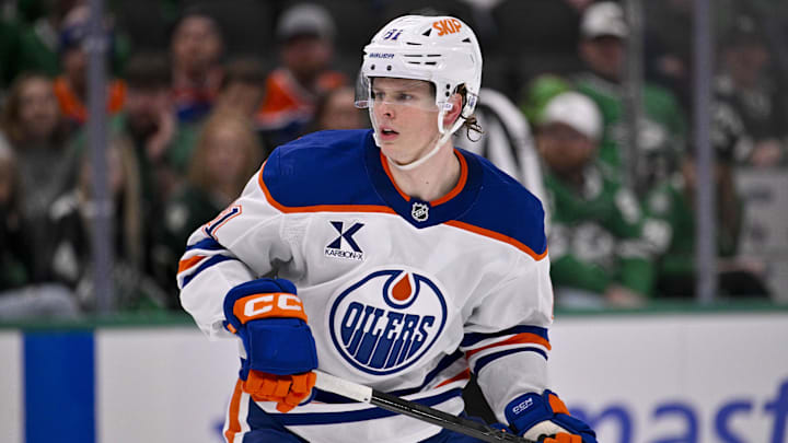 Mar 12, 2026; Dallas, Texas, USA; Edmonton Oilers center Josh Samanski (81) skates against the Dallas Stars during the game between the Stars and the Oilers at the American Airlines Center. Mandatory Credit: Jerome Miron-Imagn Images
