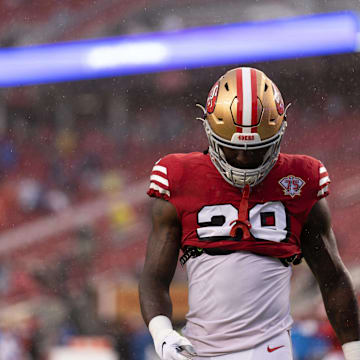 Oct 24, 2021; Santa Clara, California, USA;  San Francisco 49ers running back Trey Sermon (28) before the start of the game against the Indianapolis Colts at Levi's Stadium. Mandatory Credit: Stan Szeto-Imagn Images