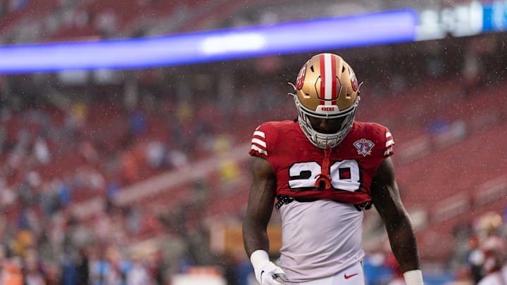 Oct 24, 2021; Santa Clara, California, USA; San Francisco 49ers running back Trey Sermon (28) before the start of the game against the Indianapolis Colts at Levi's Stadium. Mandatory Credit: Stan Szeto-Imagn Images