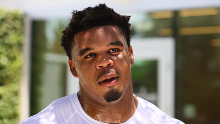 Jun 4, 2024; Miami Gardens, FL, USA; Miami Dolphins linebacker Chop Robinson (44) speaks to reporters during mandatory minicamp at Baptist Health Training Complex. Mandatory Credit: Sam Navarro-USA TODAY Sports