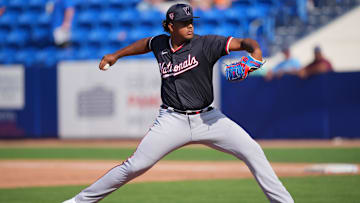 Mar 15, 2024; Port St. Lucie, Florida, USA;  Washington Nationals pitcher Jarlin Susana (91) pitches in the fifth inning of the Spring Breakout game against the New York Mets at Clover Park. 