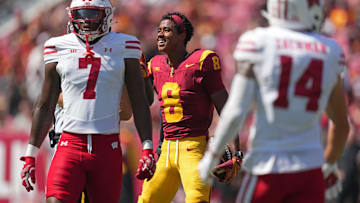 Sep 28, 2024; Los Angeles, California, USA; Southern California Trojans wide receiver Ja'Kobi Lane (8) reacts after a reception against the Wisconsin Badgers in the first half at United Airlines Field at Los Angeles Memorial Coliseum. Mandatory Credit: Kirby Lee-Imagn Images