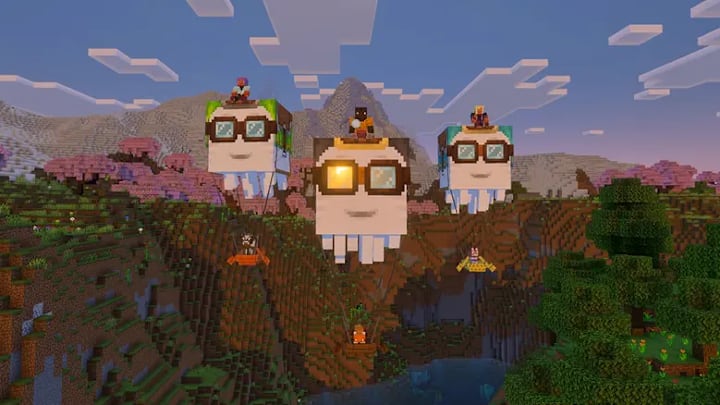 Several Ghasts flying across a Minecraft world