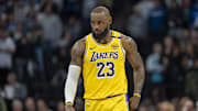 Apr 25, 2025; Minneapolis, Minnesota, USA; Los Angeles Lakers forward LeBron James (23) looks on against the Minnesota Timberwolves in the second half during game three of first round for the 2024 NBA Playoffs at Target Center. Mandatory Credit: Jesse Johnson-Imagn Images