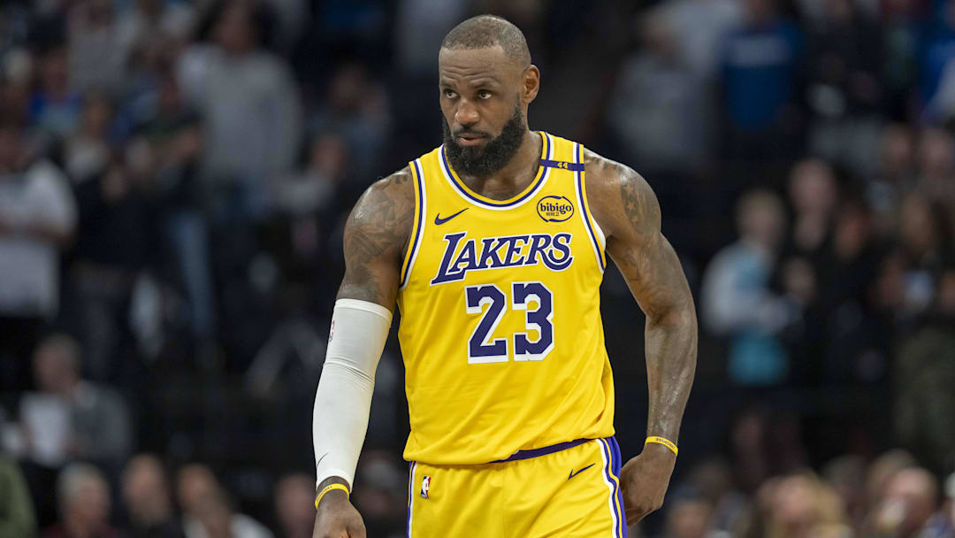 Apr 25, 2025; Minneapolis, Minnesota, USA; Los Angeles Lakers forward LeBron James (23) looks on against the Minnesota Timberwolves in the second half during game three of first round for the 2024 NBA Playoffs at Target Center. Mandatory Credit: Jesse Johnson-Imagn Images