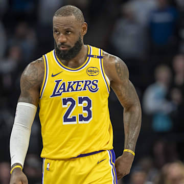 Apr 25, 2025; Minneapolis, Minnesota, USA; Los Angeles Lakers forward LeBron James (23) looks on against the Minnesota Timberwolves in the second half during game three of first round for the 2024 NBA Playoffs at Target Center. Mandatory Credit: Jesse Johnson-Imagn Images