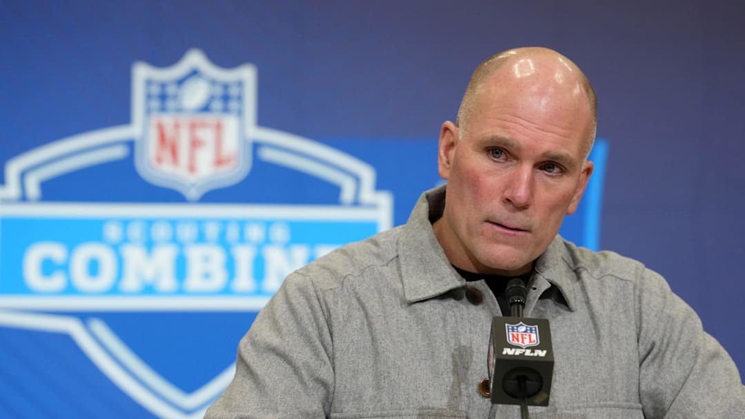 Feb 24, 2026; Indianapolis, IN, USA; Baltimore Ravens general manager Eric DeCosta speaks at the NFL Scouting Combine at the Indiana Convention Center. Mandatory Credit: Kirby Lee-Imagn Images